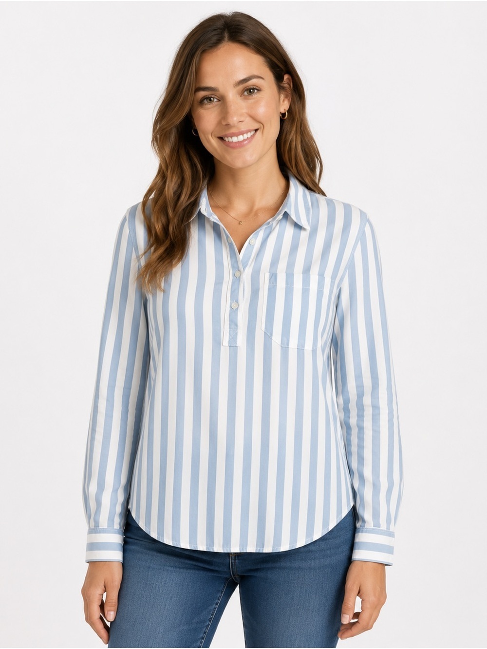 Lola River Blue White Striped Tencel Lyocell Popover Blouse M NWOT